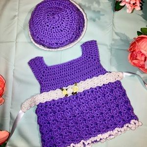 Crochet home made, Purple and white Bonnies Easter dress. 3-6 months.